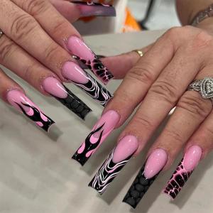 imageBABALAL Long Stiletto Press on Nails Ombre Fake Nail Gold Chrome French Tip Glue on Flame Y2k Design with Angel Charm Goth Supplies Art 24Pcs XL Glossy Acrylic False Nails with CharmBNN08flame