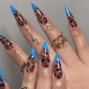 imageBABALAL Long Stiletto Press on Nails Ombre Fake Nail Gold Chrome French Tip Glue on Flame Y2k Design with Angel Charm Goth Supplies Art 24Pcs XL Glossy Acrylic False Nails with CharmBNN03blueleo