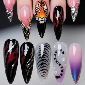 imageBABALAL Long Stiletto Press on Nails Ombre Fake Nail Gold Chrome French Tip Glue on Flame Y2k Design with Angel Charm Goth Supplies Art 24Pcs XL Glossy Acrylic False Nails with CharmBNN02