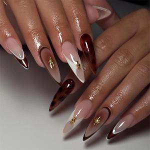 imageBABALAL Long Stiletto Press on Nails Ombre Fake Nail Gold Chrome French Tip Glue on Flame Y2k Design with Angel Charm Goth Supplies Art 24Pcs XL Glossy Acrylic False Nails with CharmBNN02brown