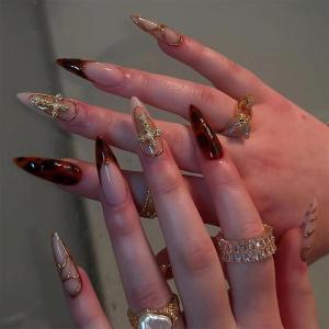 imageBABALAL Long Stiletto Press on Nails Ombre Fake Nail Gold Chrome French Tip Glue on Flame Y2k Design with Angel Charm Goth Supplies Art 24Pcs XL Glossy Acrylic False Nails with CharmBNN04ombre