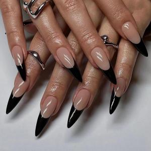 imageBABALAL Long Stiletto Press on Nails Ombre Fake Nail Gold Chrome French Tip Glue on Flame Y2k Design with Angel Charm Goth Supplies Art 24Pcs XL Glossy Acrylic False Nails with CharmBNN12
