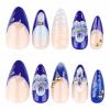 imageBABALAL Press on Nails Medium Almond Fake Nails Yellow French Tip Glue ons 3D Texture Flower handmade Summer Supplies 24Pcs Glossy Full Cover Manicure Acrylic False NailsAND01blue