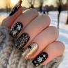 imageBABALAL Press on Nails Short Square Fake Nails Black and Gold Glue on Bling Glitter Acrylic Snowflake Design 24Pcs Glossy Full Cover False Nails Stick on Christmas New Year Manicure