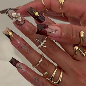 imageBABALAL Long Stiletto Press on Nails Tortoise Fake Nails Zebra Cow Print Y2k Design 24PCS Trendy Glossy Full Cover False Nails with GlueBNV101cherry