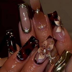 imageBABALAL Long Stiletto Press on Nails Tortoise Fake Nails Zebra Cow Print Y2k Design 24PCS Trendy Glossy Full Cover False Nails with GlueBNV101metallic
