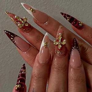 imageBABALAL Long Stiletto Press on Nails Tortoise Fake Nails Zebra Cow Print Y2k Design 24PCS Trendy Glossy Full Cover False Nails with GlueBNV101redgold