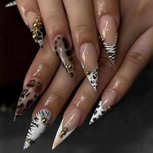 imageBABALAL Long Stiletto Press on Nails Tortoise Fake Nails Zebra Cow Print Y2k Design 24PCS Trendy Glossy Full Cover False Nails with GlueBNV111