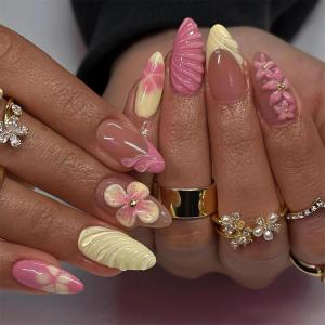 imageBABALAL Press on Nails Medium Almond Fake Nails Yellow French Tip Glue ons 3D Texture Flower handmade Summer Supplies 24Pcs Glossy Full Cover Manicure Acrylic False NailsAND02flower