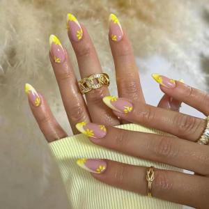 imageBABALAL Press on Nails Medium Almond Fake Nails Yellow French Tip Glue ons 3D Texture Flower handmade Summer Supplies 24Pcs Glossy Full Cover Manicure Acrylic False NailsAND20