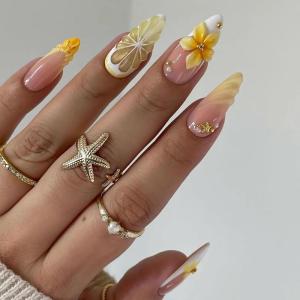 imageBABALAL Press on Nails Medium Almond Fake Nails Yellow French Tip Glue ons 3D Texture Flower handmade Summer Supplies 24Pcs Glossy Full Cover Manicure Acrylic False NailsAND01yellow