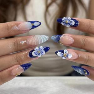 imageBABALAL Press on Nails Medium Almond Fake Nails Yellow French Tip Glue ons 3D Texture Flower handmade Summer Supplies 24Pcs Glossy Full Cover Manicure Acrylic False NailsAND01blue