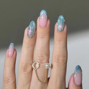 imageBABALAL Press on Nails Medium Almond Fake Nails Yellow French Tip Glue ons 3D Texture Flower handmade Summer Supplies 24Pcs Glossy Full Cover Manicure Acrylic False NailsAND00mermaid