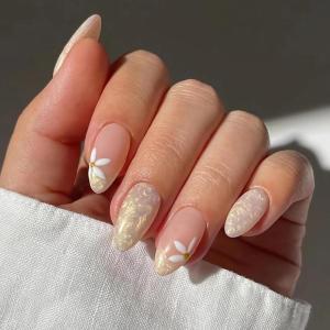 imageBABALAL Press on Nails Medium Almond Fake Nails Yellow French Tip Glue ons 3D Texture Flower handmade Summer Supplies 24Pcs Glossy Full Cover Manicure Acrylic False NailsAND23