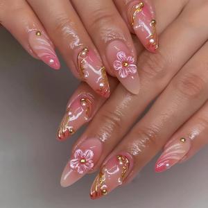 imageBABALAL Press on Nails Medium Almond Fake Nails Yellow French Tip Glue ons 3D Texture Flower handmade Summer Supplies 24Pcs Glossy Full Cover Manicure Acrylic False NailsAND01pg