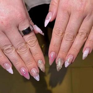 imageBABALAL Press on Nails Medium Almond Fake Nails Yellow French Tip Glue ons 3D Texture Flower handmade Summer Supplies 24Pcs Glossy Full Cover Manicure Acrylic False NailsAND01chrome
