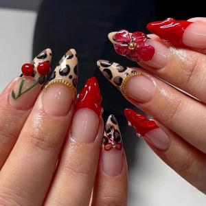 imageBABALAL Red Nails Press on Almond Medium Fake Nails Anime Glue on Strawberry Cute Kitten Pattern Design Acrylic Supplies Art 24Pcs Glossy Full Cover Cartoon Stick on False NailsBNY101