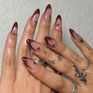 imageBABALAL Red Nails Press on Almond Medium Fake Nails Anime Glue on Strawberry Cute Kitten Pattern Design Acrylic Supplies Art 24Pcs Glossy Full Cover Cartoon Stick on False NailsBNY104cherry