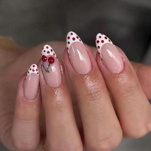 imageBABALAL Red Nails Press on Almond Medium Fake Nails Anime Glue on Strawberry Cute Kitten Pattern Design Acrylic Supplies Art 24Pcs Glossy Full Cover Cartoon Stick on False NailsBNY105polkadot