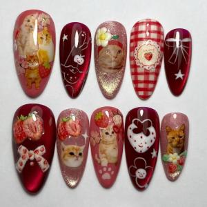 imageBABALAL Red Nails Press on Almond Medium Fake Nails Anime Glue on Strawberry Cute Kitten Pattern Design Acrylic Supplies Art 24Pcs Glossy Full Cover Cartoon Stick on False NailsBNY100