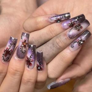 imageBABALAL Red Nails Press on Almond Medium Fake Nails Anime Glue on Strawberry Cute Kitten Pattern Design Acrylic Supplies Art 24Pcs Glossy Full Cover Cartoon Stick on False NailsBNY104purple