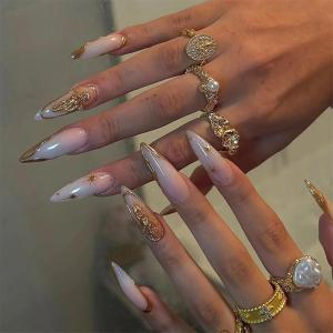 imageBABALAL Long Stiletto Press on Nails White Fake Nail French Tip Glue on Design Supplies Art 24Pcs XL Glossy Acrylic False Nails with CharmBNN02angel