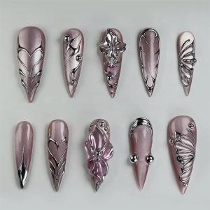 imageBABALAL Long Stiletto Press on Nails White Fake Nail French Tip Glue on Design Supplies Art 24Pcs XL Glossy Acrylic False Nails with CharmBNN03pink