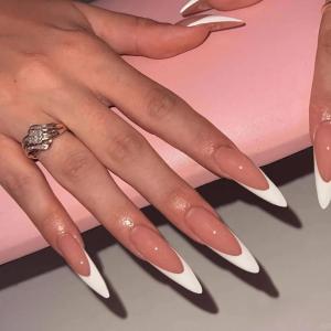 imageBABALAL Long Stiletto Press on Nails White Fake Nail French Tip Glue on Design Supplies Art 24Pcs XL Glossy Acrylic False Nails with CharmBNN15