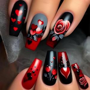 imageBABALAL Coffin Press on Nails Long Fake Nails Black Red Glue ons Rose Heart Print Design Valentine Acrylic Glossy Manicure Full Cover False Nails with GlueCNC104