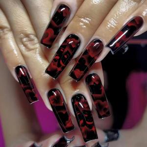 imageBABALAL Coffin Press on Nails Long Fake Nails Black Red Glue ons Rose Heart Print Design Valentine Acrylic Glossy Manicure Full Cover False Nails with GlueCNC110