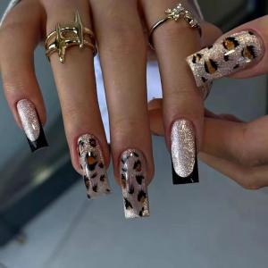 imageBABALAL Coffin Press on Nails Long Fake Nails Black Red Glue ons Rose Heart Print Design Valentine Acrylic Glossy Manicure Full Cover False Nails with GlueCNC106