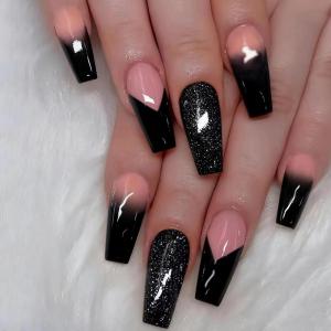 imageBABALAL Coffin Press on Nails Long Fake Nails Black Red Glue ons Rose Heart Print Design Valentine Acrylic Glossy Manicure Full Cover False Nails with GlueCNC113