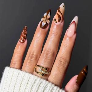imageBABALAL Polka Dot Press on Nails Brown Fake Nails Almond Medium 3D Flower Handmade Ombre Trendy Handmade 24Pcs Stiletto Full Cover Acrylic False NailsBNZ17