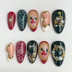 imageBABALAL Polka Dot Press on Nails Brown Fake Nails Almond Medium 3D Flower Handmade Ombre Trendy Handmade 24Pcs Stiletto Full Cover Acrylic False NailsBNZ04xmastree