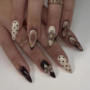 imageBABALAL Polka Dot Press on Nails Brown Fake Nails Almond Medium 3D Flower Handmade Ombre Trendy Handmade 24Pcs Stiletto Full Cover Acrylic False NailsBNZ14