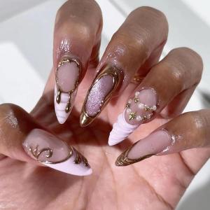 imageBABALAL Polka Dot Press on Nails Brown Fake Nails Almond Medium 3D Flower Handmade Ombre Trendy Handmade 24Pcs Stiletto Full Cover Acrylic False NailsBNZ06pinkgold