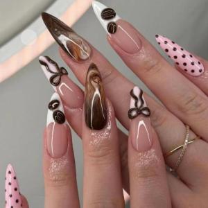 imageBABALAL Polka Dot Press on Nails Brown Fake Nails Almond Medium 3D Flower Handmade Ombre Trendy Handmade 24Pcs Stiletto Full Cover Acrylic False NailsBNZ19