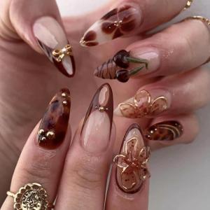 imageBABALAL Polka Dot Press on Nails Brown Fake Nails Almond Medium 3D Flower Handmade Ombre Trendy Handmade 24Pcs Stiletto Full Cover Acrylic False NailsBNZ13