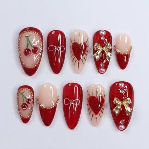 imageBABALAL Polka Dot Press on Nails Brown Fake Nails Almond Medium 3D Flower Handmade Ombre Trendy Handmade 24Pcs Stiletto Full Cover Acrylic False NailsBNZ07redgold