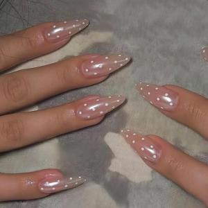 imageBABALAL Polka Dot Press on Nails Brown Fake Nails Almond Medium 3D Flower Handmade Ombre Trendy Handmade 24Pcs Stiletto Full Cover Acrylic False NailsBNZ20