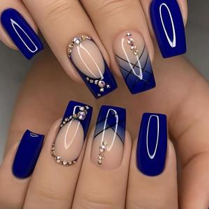 imageBABALAL Press on Nails Short Square Fake Nails Brown Emerald Green Glue ons Tortoise Design Glossy Full Cover False Nails 24Pcsbnw101blue