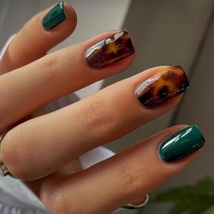 imageBABALAL Press on Nails Short Square Fake Nails Brown Emerald Green Glue ons Tortoise Design Glossy Full Cover False Nails 24Pcsbnw105tortoise