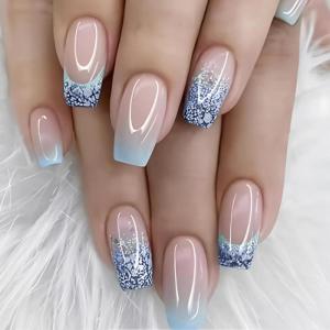 imageBABALAL Press on Nails Short Square Fake Nails Brown Emerald Green Glue ons Tortoise Design Glossy Full Cover False Nails 24Pcsbnw120blue