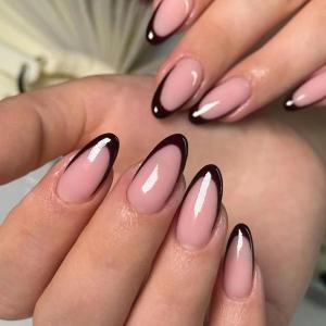 imageBABALAL Red Nails Press on Almond Medium Fake Nails Burgundy French Tip Glue on Design Acrylic 24Pcs Full Cover False Nails Stick on Christmas ManicureBNT207black