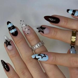imageBABALAL Red Nails Press on Almond Medium Fake Nails Burgundy French Tip Glue on Design Acrylic 24Pcs Full Cover False Nails Stick on Christmas ManicureBNT216