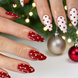imageBABALAL Red Nails Press on Almond Medium Fake Nails Burgundy French Tip Glue on Design Acrylic 24Pcs Full Cover False Nails Stick on Christmas ManicureBNT211