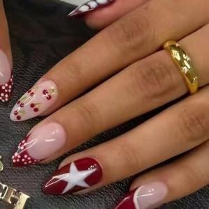 imageBABALAL Red Nails Press on Almond Medium Fake Nails Burgundy French Tip Glue on Design Acrylic 24Pcs Full Cover False Nails Stick on Christmas ManicureBNT221