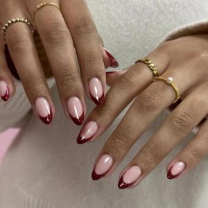 imageBABALAL Red Nails Press on Almond Medium Fake Nails Burgundy French Tip Glue on Design Acrylic 24Pcs Full Cover False Nails Stick on Christmas ManicureBNT207red