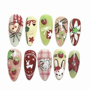 imageBABALAL Red Nails Press on Almond Medium Fake Nails Burgundy French Tip Glue on Design Acrylic 24Pcs Full Cover False Nails Stick on Christmas ManicureBNT206