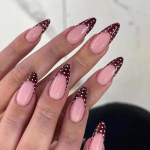 imageBABALAL Red Nails Press on Almond Medium Fake Nails Burgundy French Tip Glue on Design Acrylic 24Pcs Full Cover False Nails Stick on Christmas ManicureBNT218